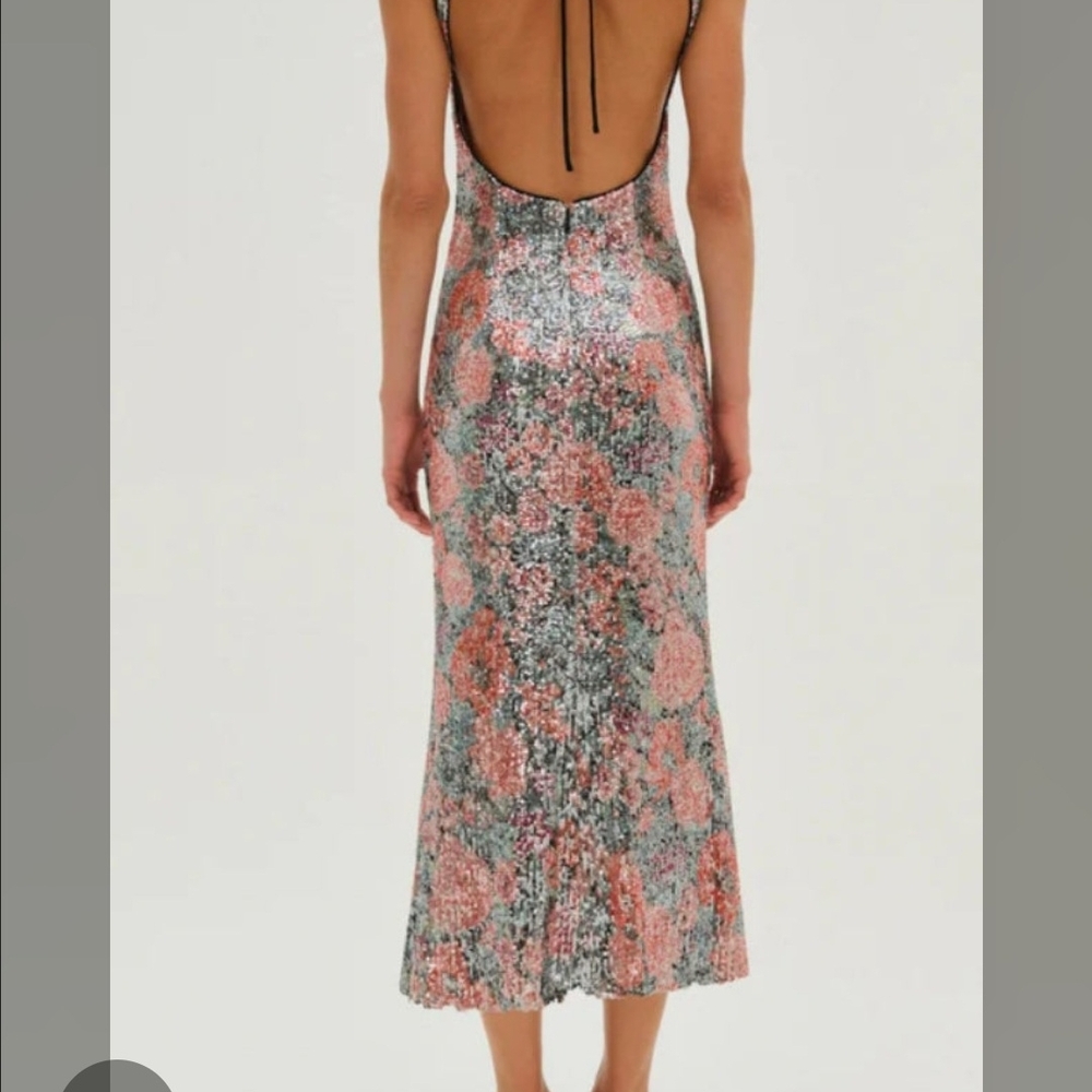 For Love & Lemons Pink Multi Sequin Floral Backless Midi Dress Never Worn.